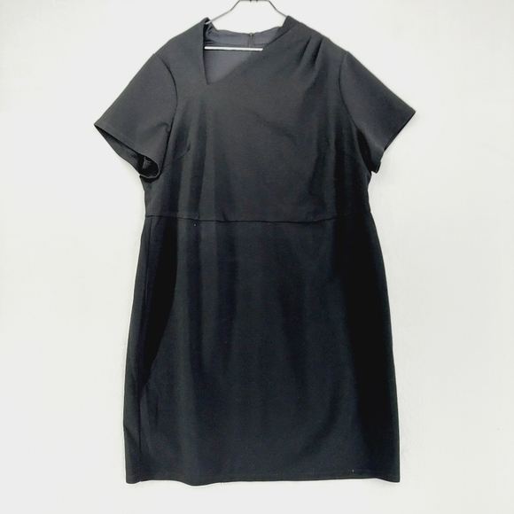 MAGGY LONDON Black Asymmetrical Neck Stretch Crepe Midi Sheath Dress P1945 - Picture 2 of 10